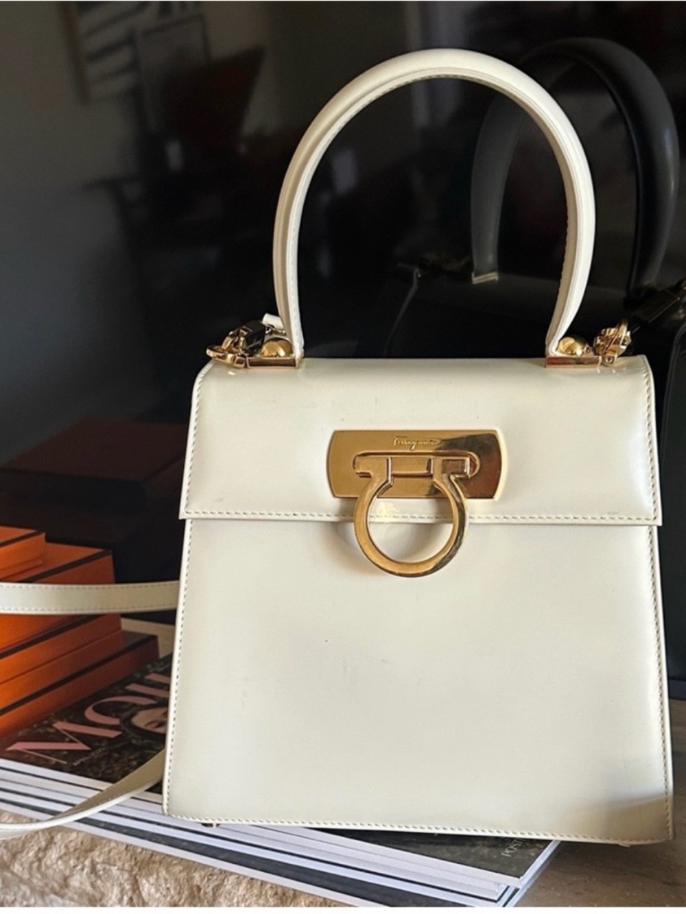 Salvatore Ferragamo Cream Leather Top-Handle Satchel with Gold Hardware